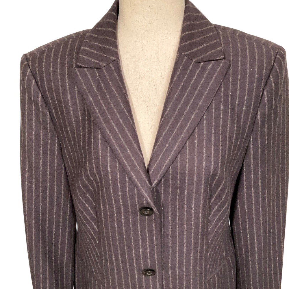 Féraud Blazer Women Medium Plum Pinstripe Flannel Longline Wool Angora Jacket